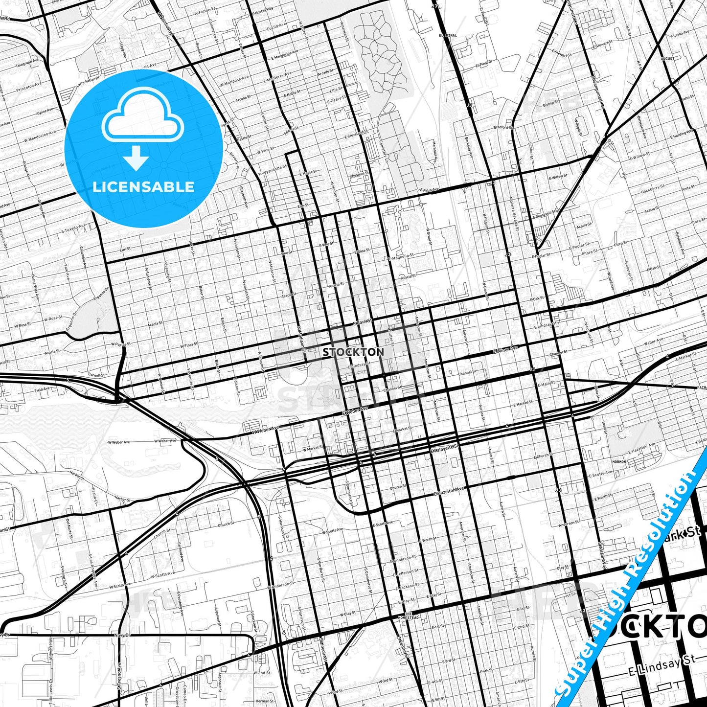 Stockton, California Light Map with Street Names, City Names, and Districts