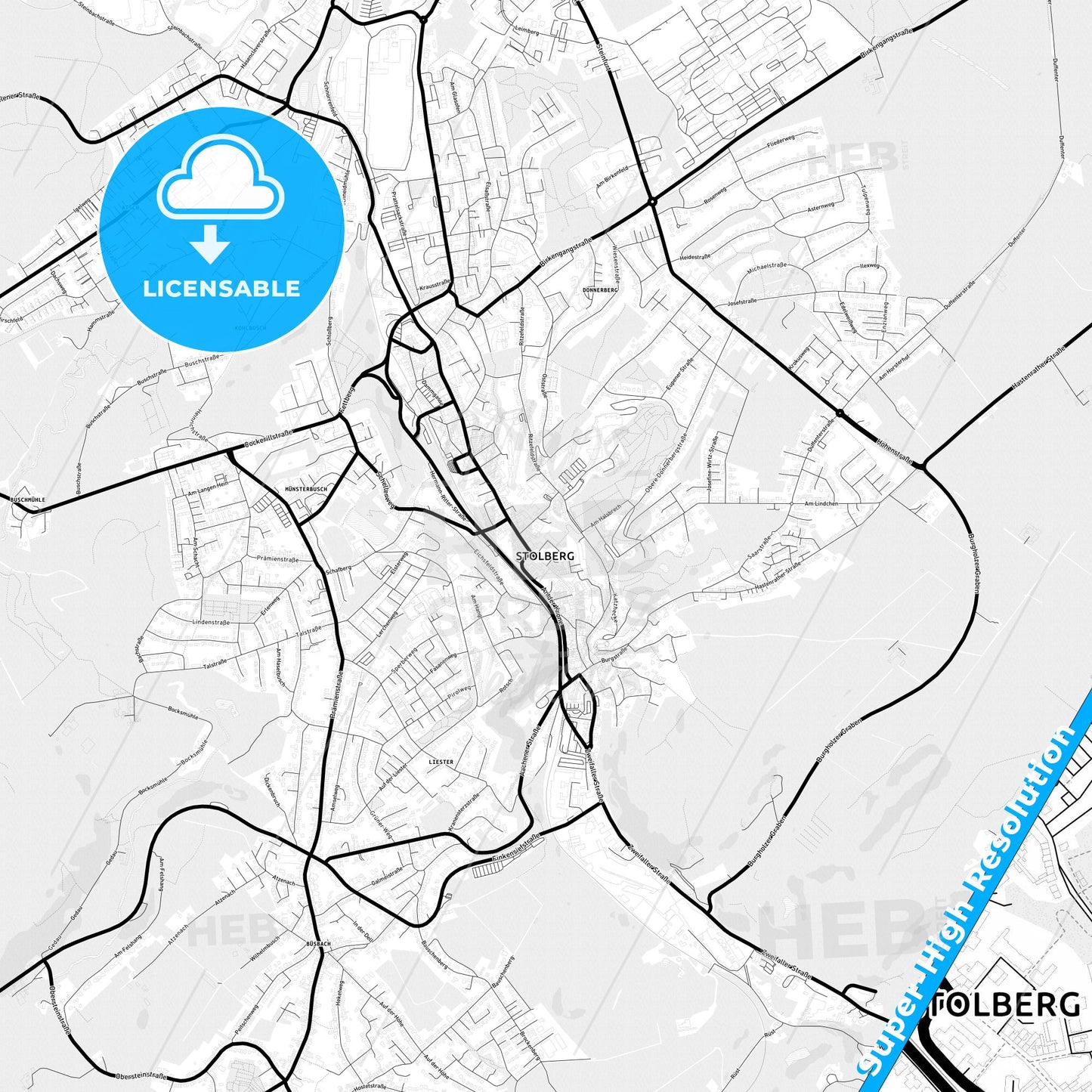 Stolberg (Rheinland), Germany Light Map with Street Names, City Names, and Districts