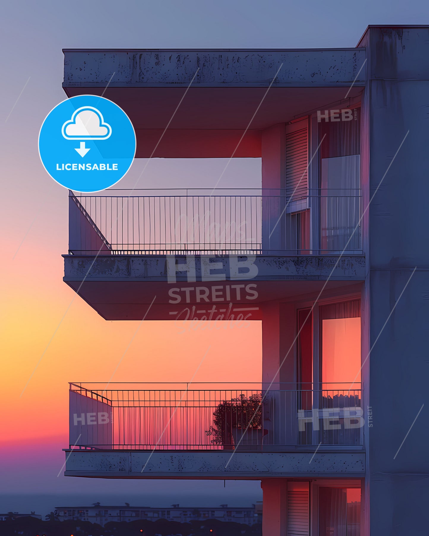 Vivid Pop Art Painting Portrays a Minimalist Building Facade with Balcony, Inspired by Pierre Pellegrini's Style