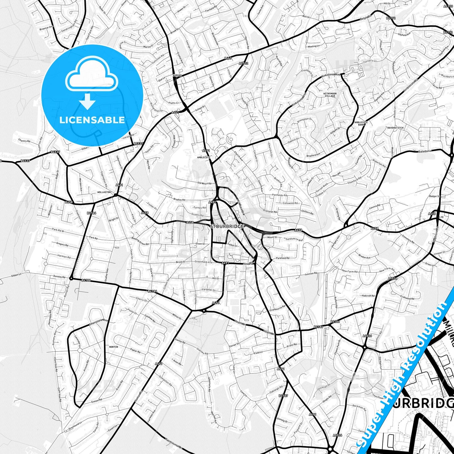 Stourbridge, England Light Map with Street Names, City Names, and Districts