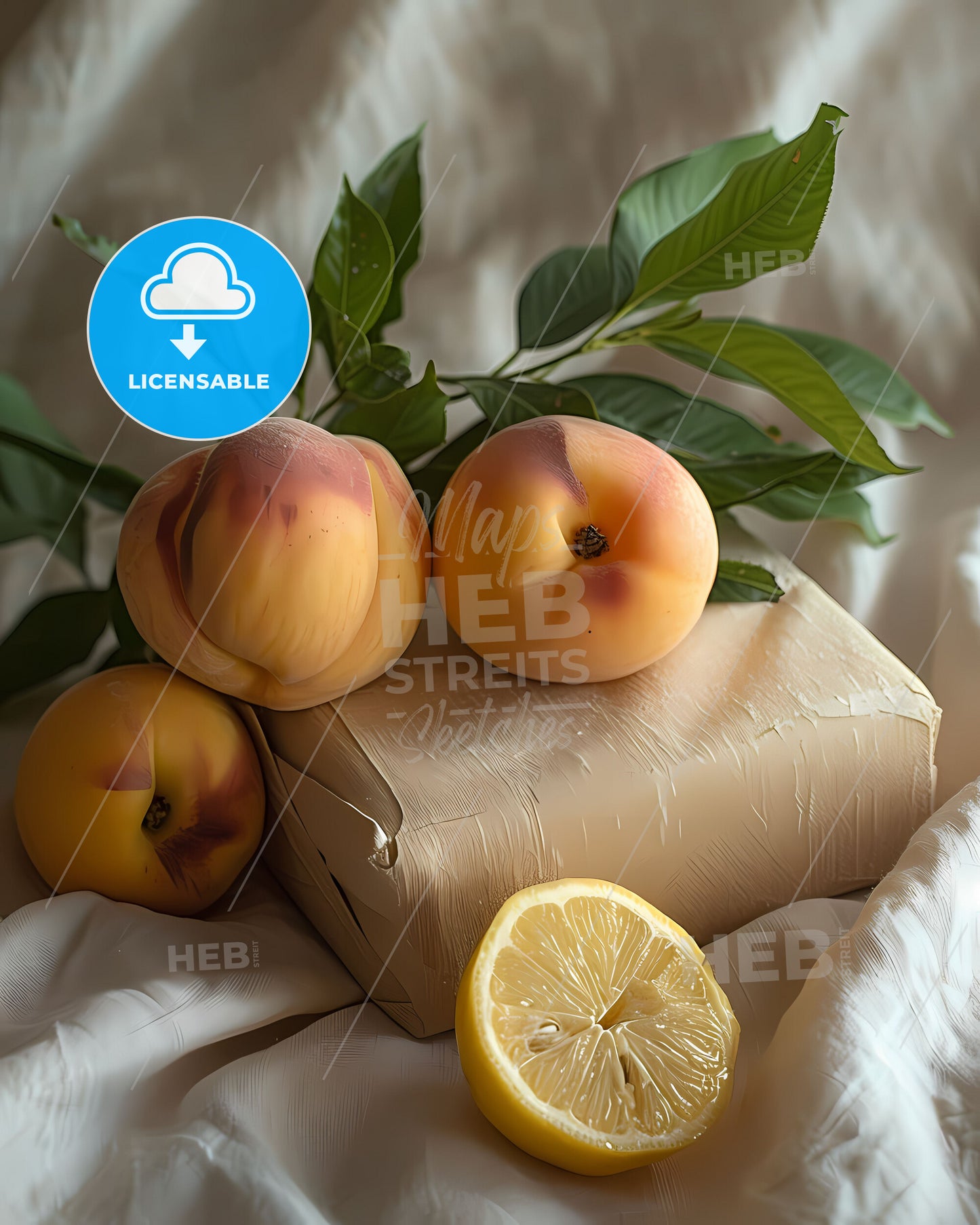 Minimalist Food Composition with Peaches, Lemon, and Tabletop in Angled Perspective