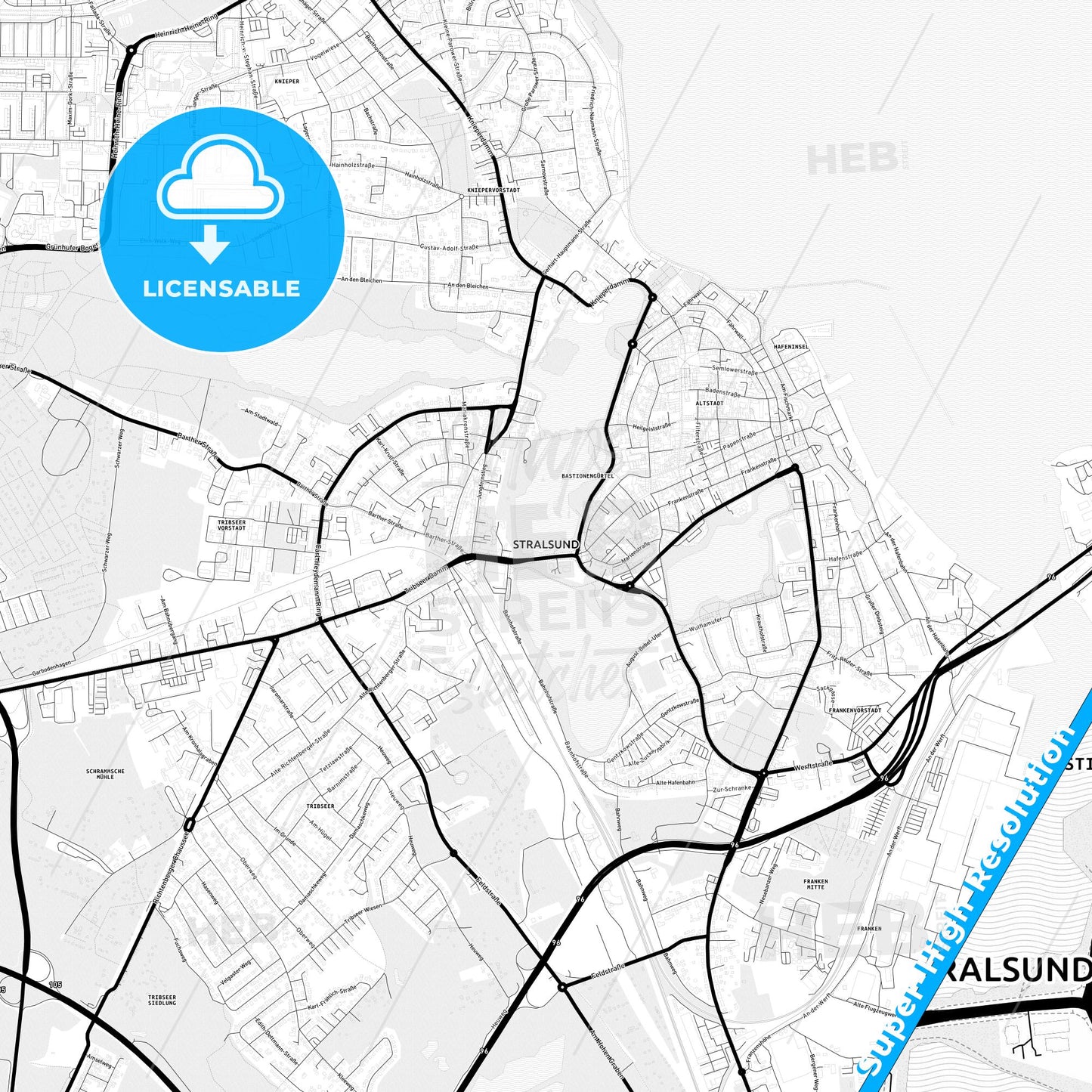 Stralsund, Germany Light Map with Street Names, City Names, and Districts