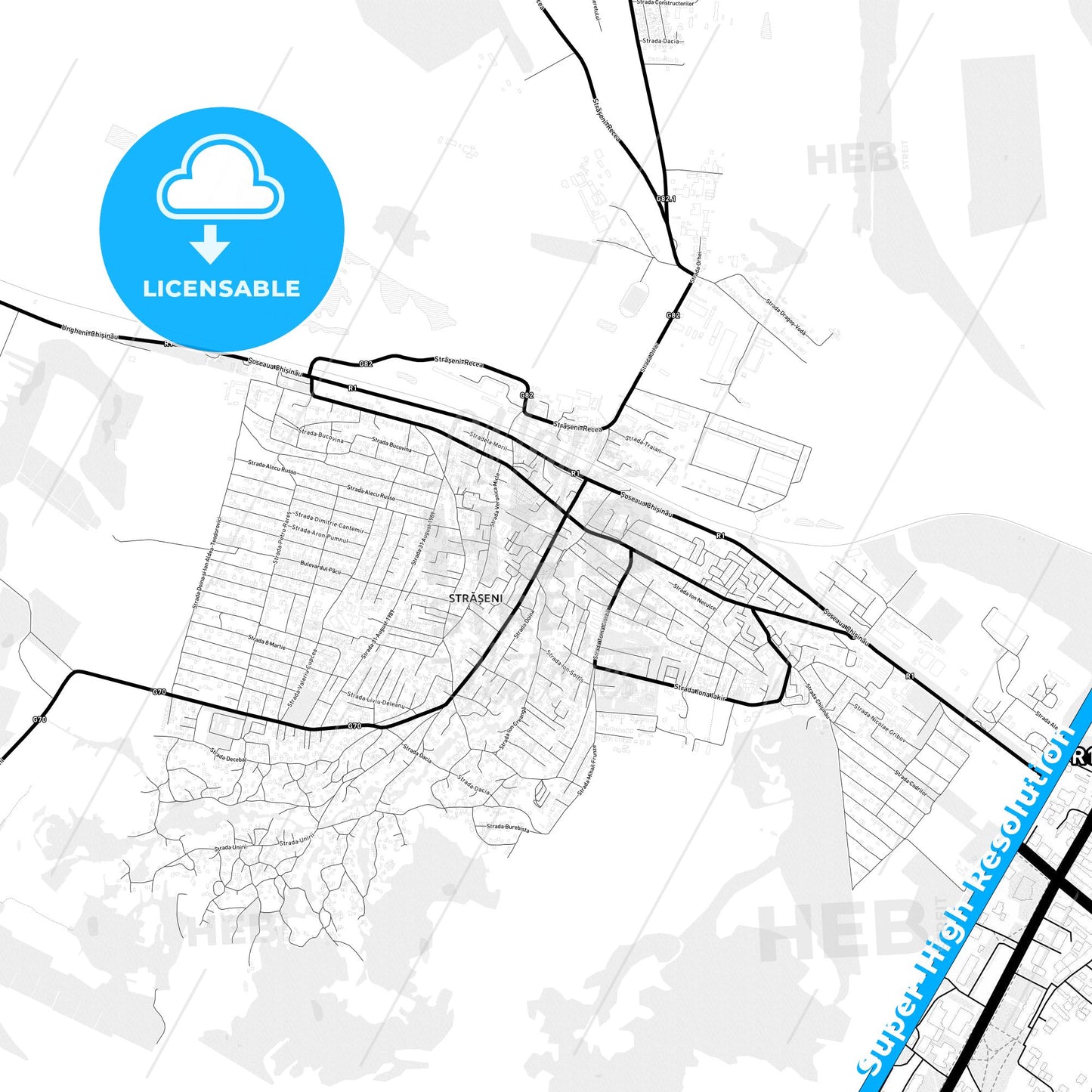 Strășeni, Moldova Light Map with Street Names, City Names, and Districts