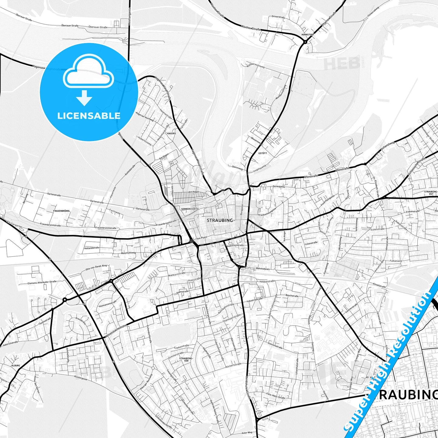 Straubing, Germany Light Map with Street Names, City Names, and Districts
