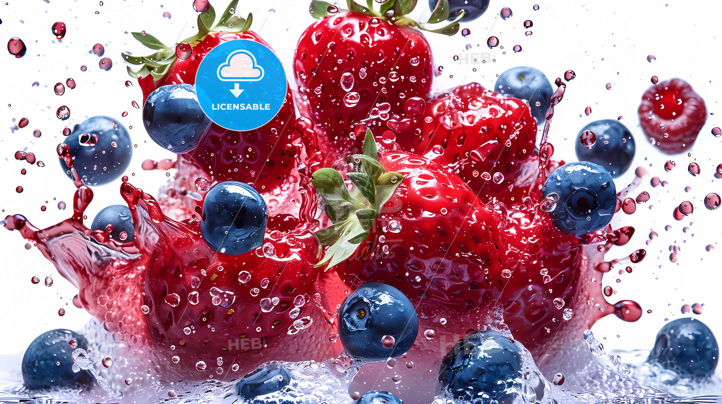 Vibrant Watercolor Painting of Strawberry and Blueberry Explosion in Red Gradient Liquid on Isolated Platform, Commercial Photography