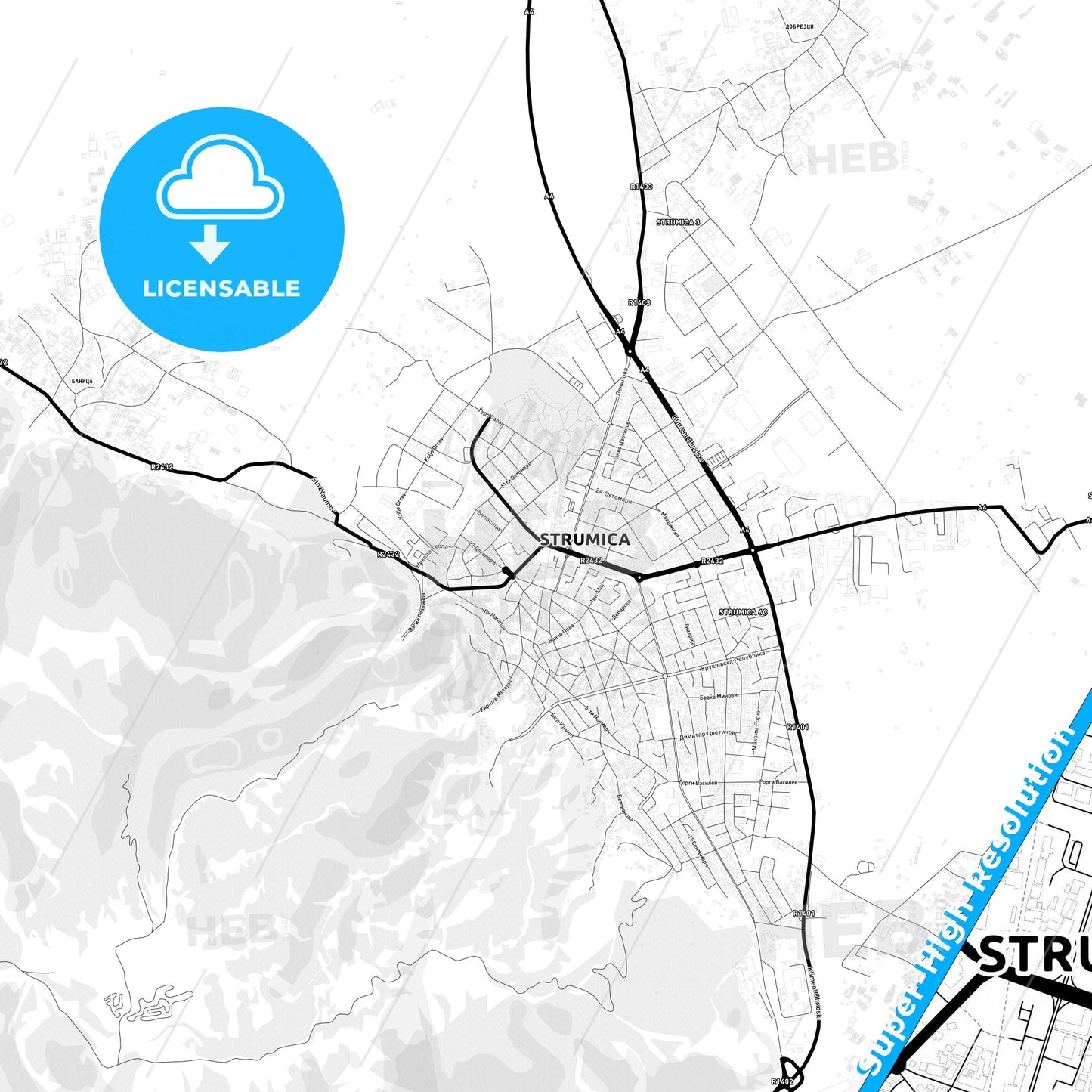 Strumica, North Macedonia Light Map with Street Names, City Names, and Districts