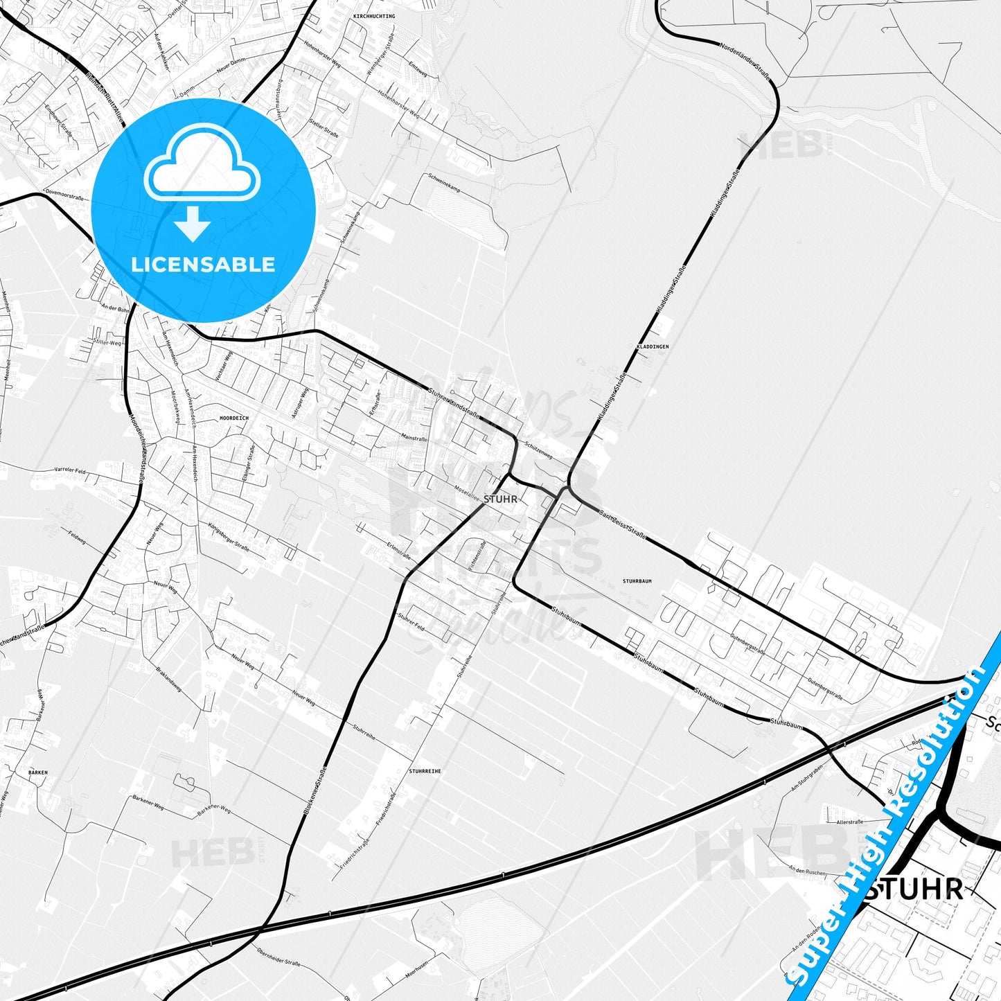 Stuhr, Germany Light Map with Street Names, City Names, and Districts