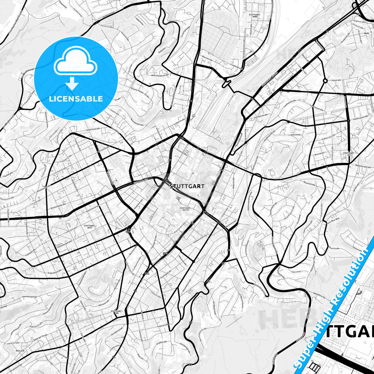 Stuttgart, Germany Light Map with Street Names, City Names, and Districts