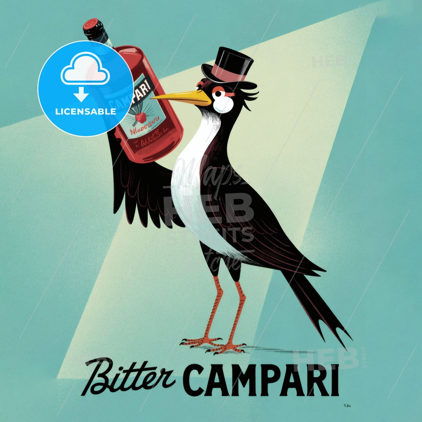 Stylish Illustration of a Bird Holding a Campari Bottle with a Vintage Flair and Vibrant Colors.