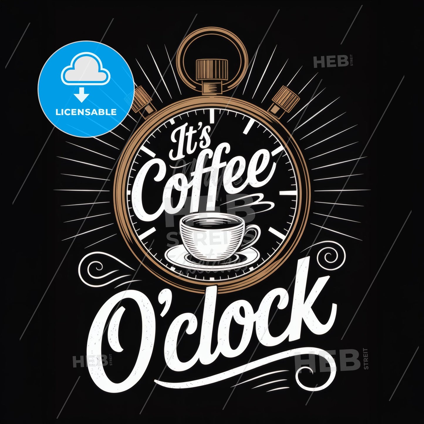 Stylish Coffee O'clock Illustration with Stopwatch and Coffee Cup on Black Background