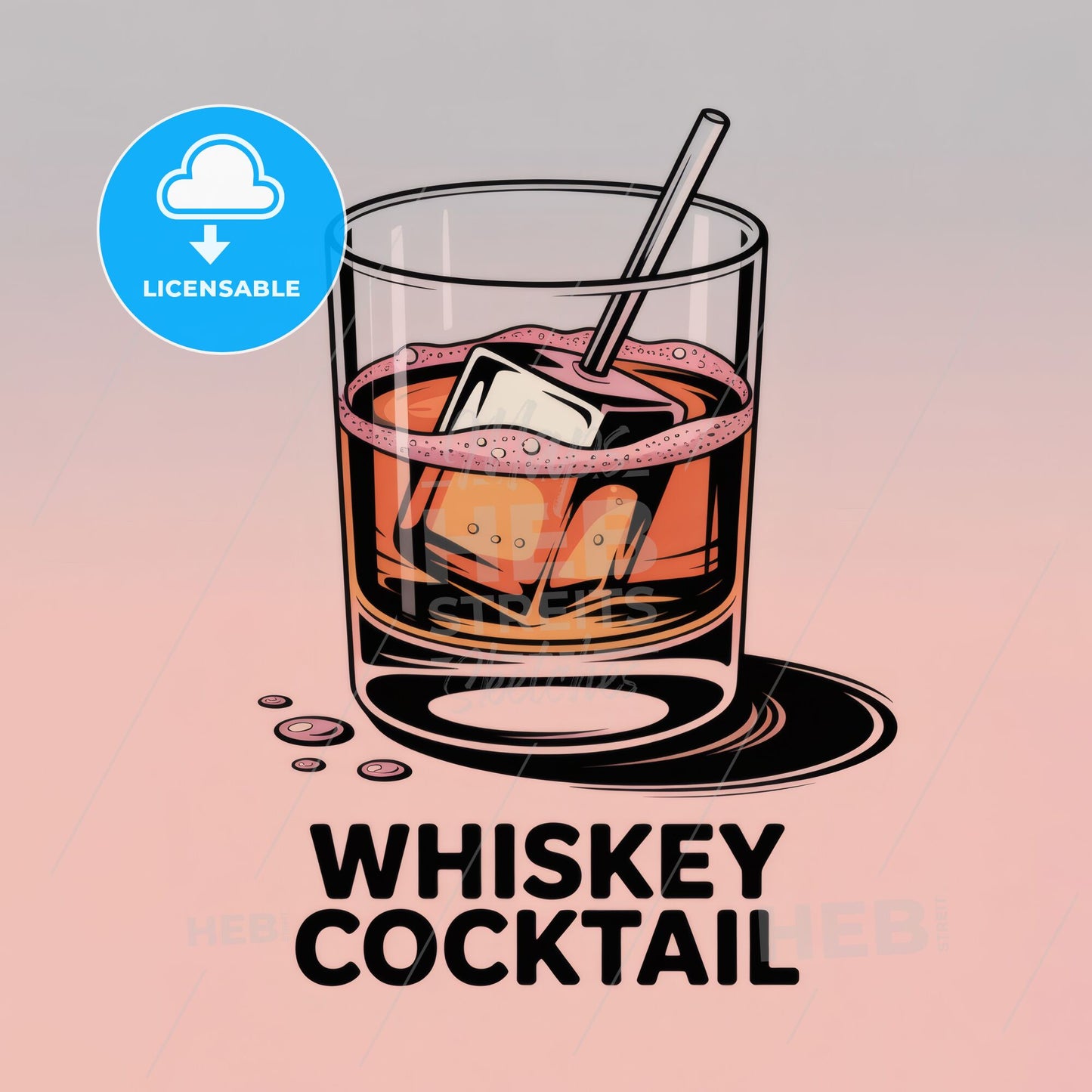 Stylish Whiskey Cocktail Illustration with Ice and Straw on a Gradient Background for Contemporary Bar Themes.
