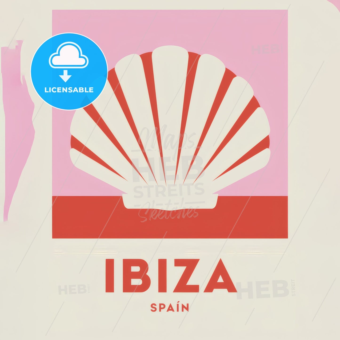 Stylized Vintage Travel Poster Featuring Ibiza, Spain with Iconic Shell Design and Bold Typography.