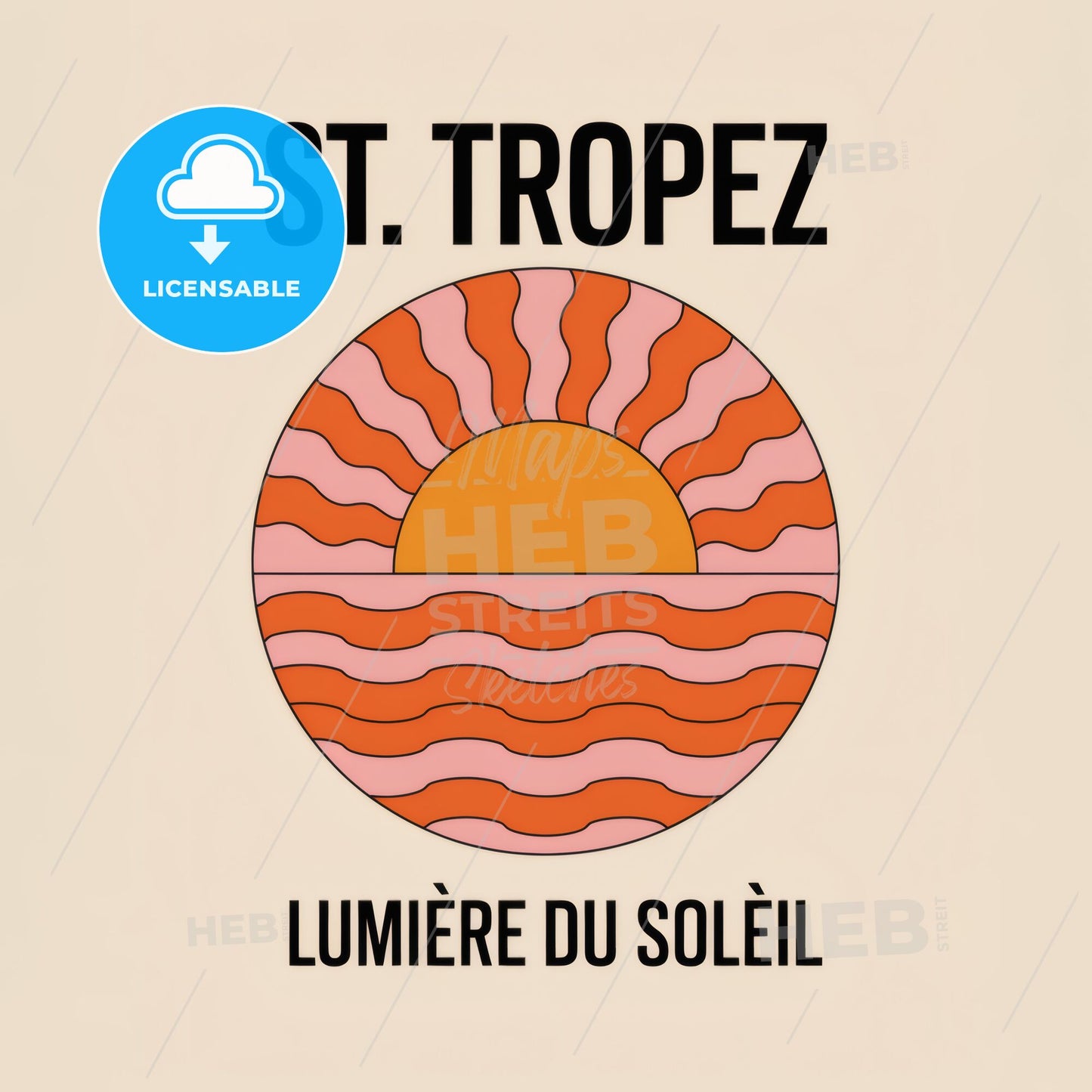 Stylized Sunset Illustration with Retro Colors and Typography for St. Tropez Travel Inspiration.