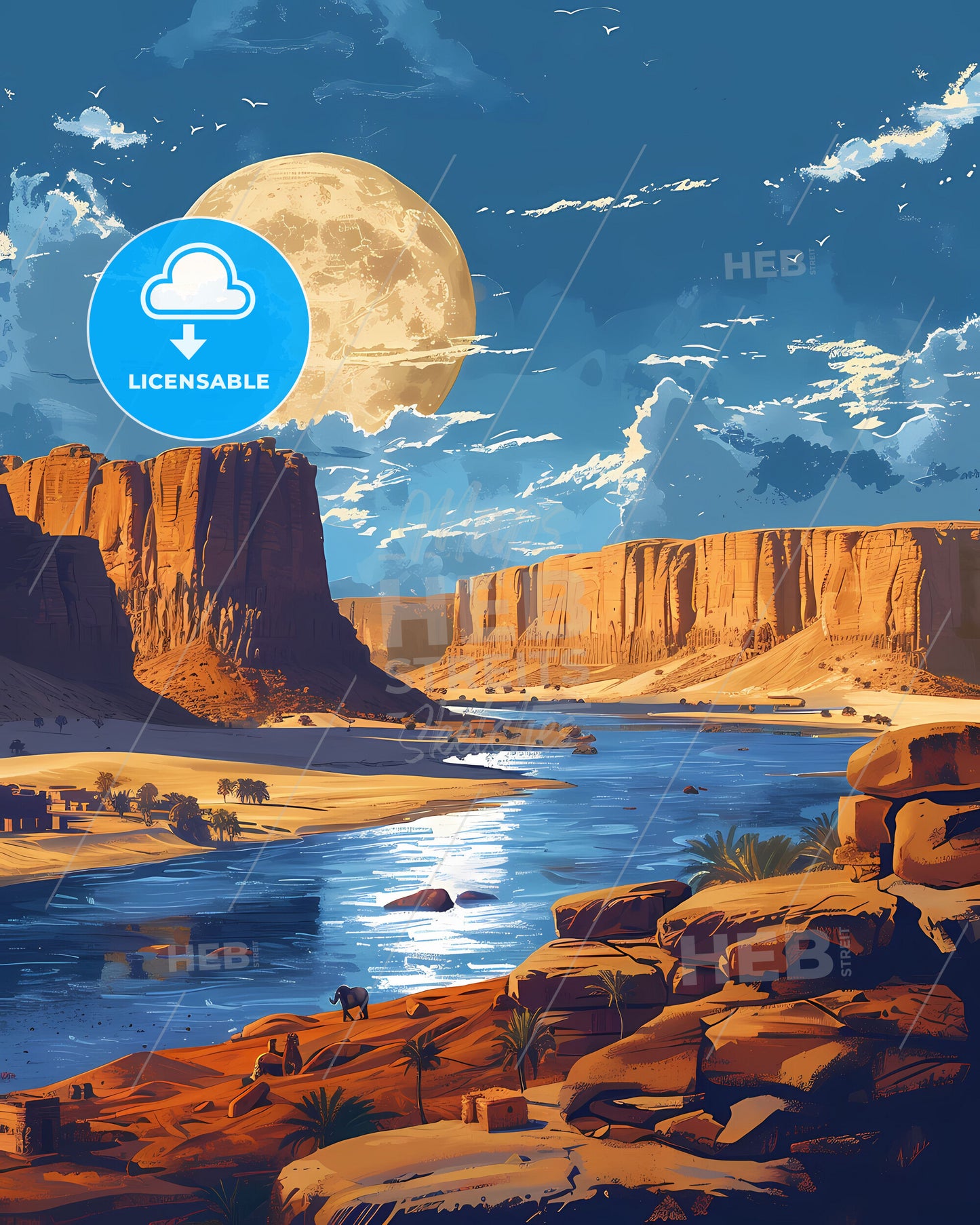 Abstract Painting Depicting Serene River Flowing Through Canyon in Sudan, Africa