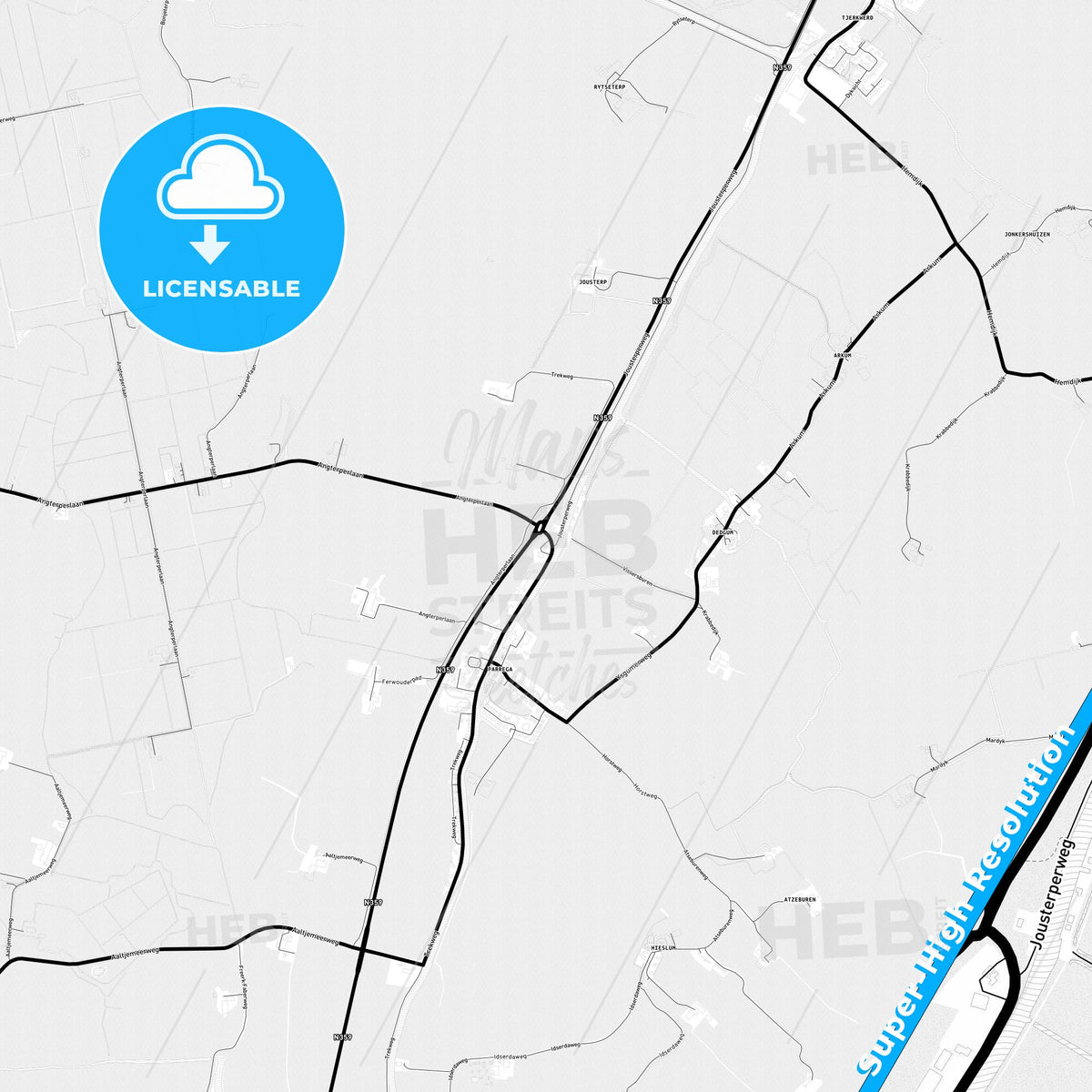 Súdwest-Fryslân, Netherlands Light Map with Street Names, City Names, and Districts