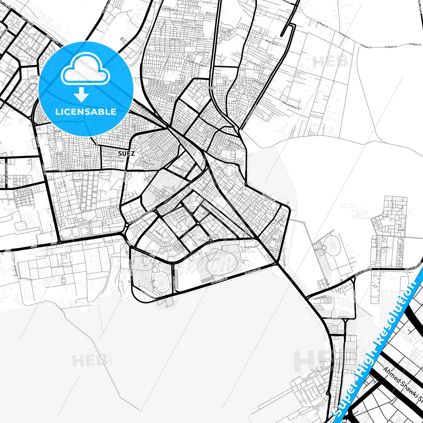 Suez, Egypt Light Map with Street Names, City Names, and Districts