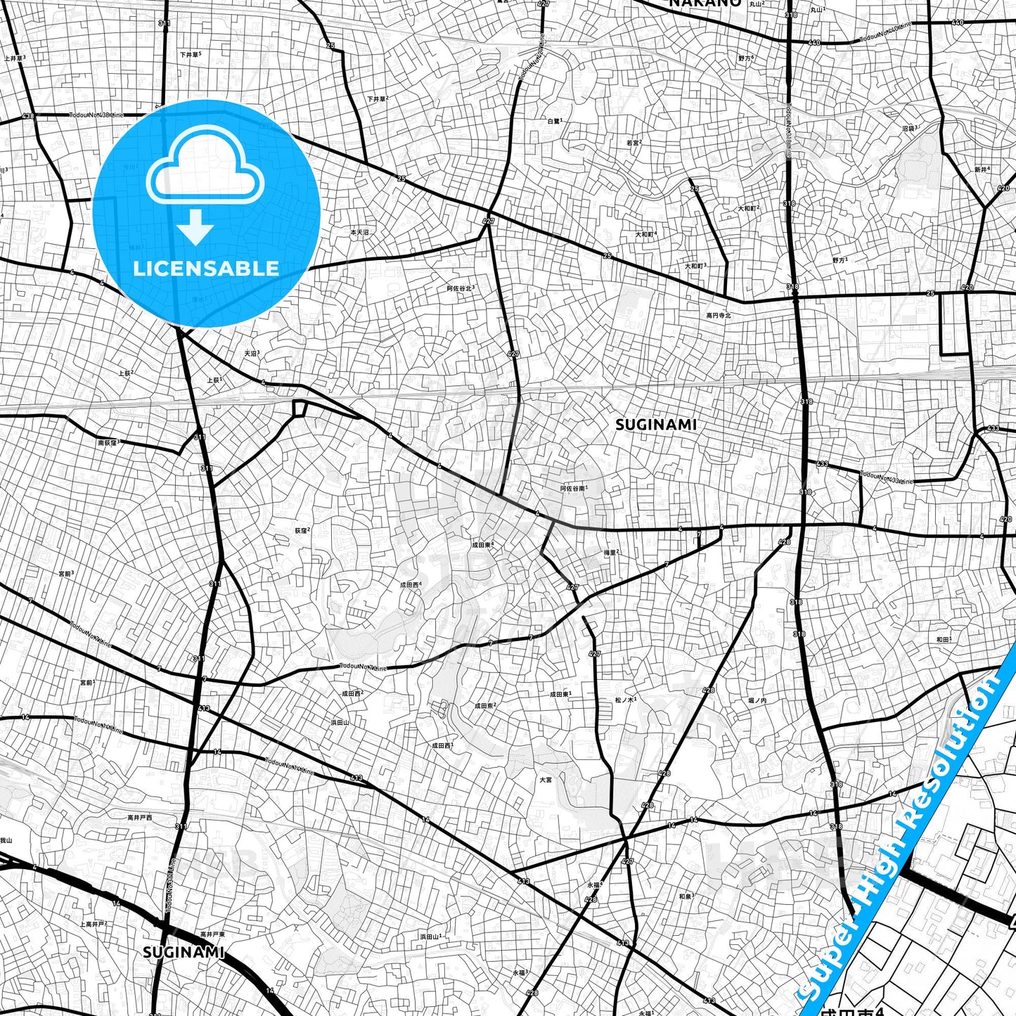 Suginami, Japan Light Map with Street Names, City Names, and Districts