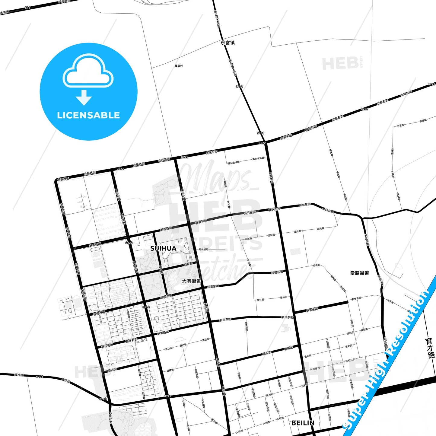 Suihua, China Light Map with Street Names, City Names, and Districts
