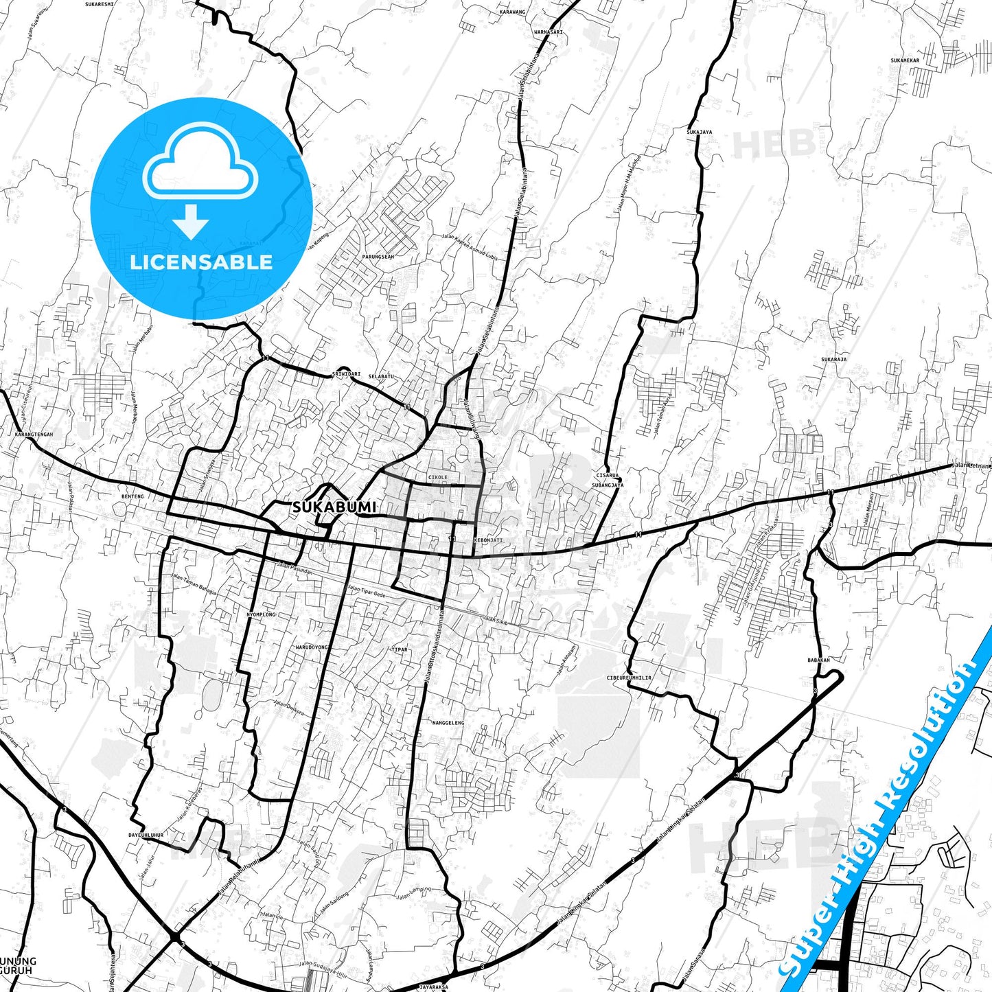 Sukabumi, Indonesia Light Map with Street Names, City Names, and Districts