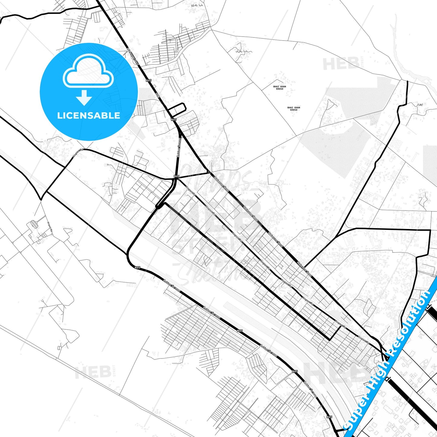 Sukkur, Pakistan Light Map with Street Names, City Names, and Districts