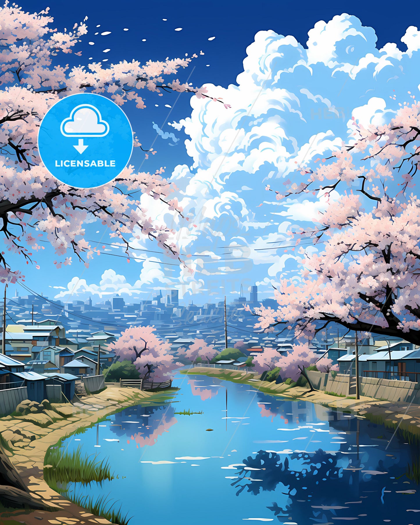 Sukkur Skyline Painting - Vibrant Riverfront Art with Blossoms and Buildings