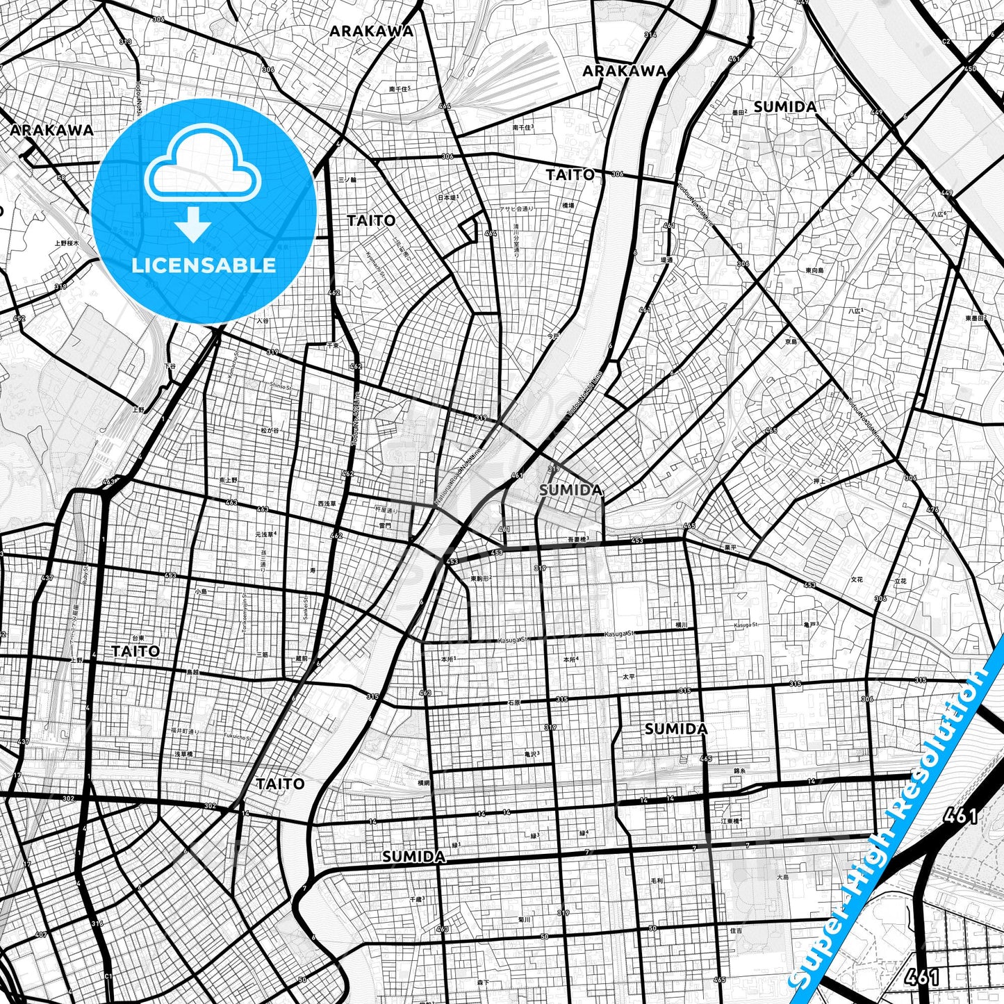 Sumida, Japan Light Map with Street Names, City Names, and Districts