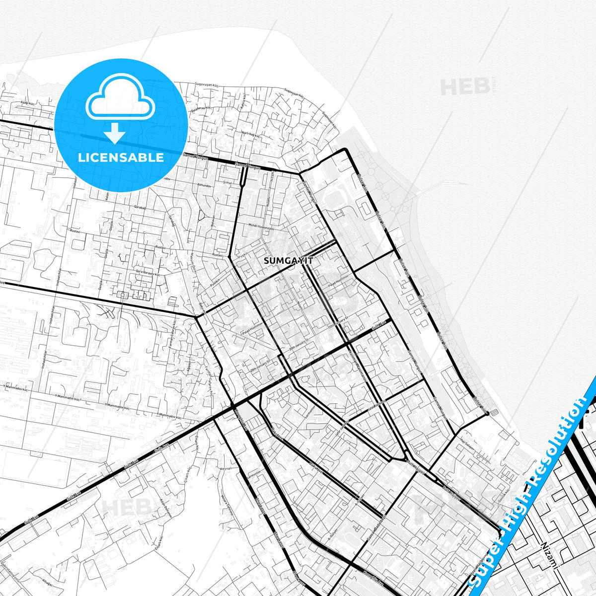 Sumqayit, Azerbaijan Light Map with Street Names, City Names, and Districts