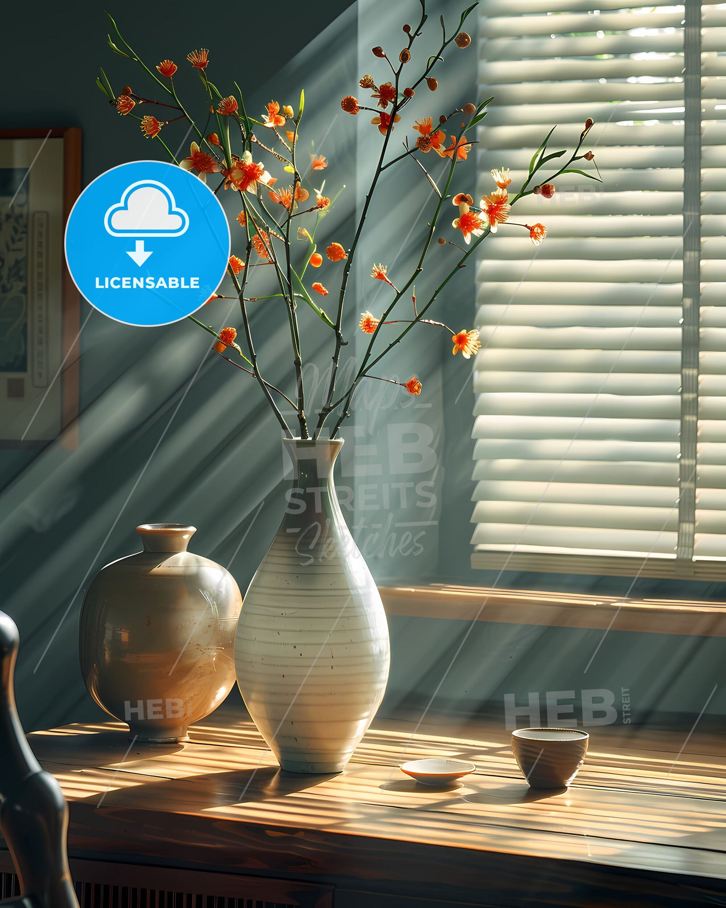 Cubist Still Life Painting: Vibrant Vase with Flowers in Chinese Ink Style Illuminated by Realistic Sun Rays Captured in Light Track Photography