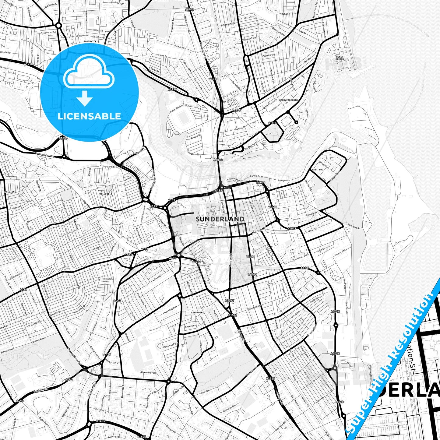 Sunderland, England Light Map with Street Names, City Names, and Districts