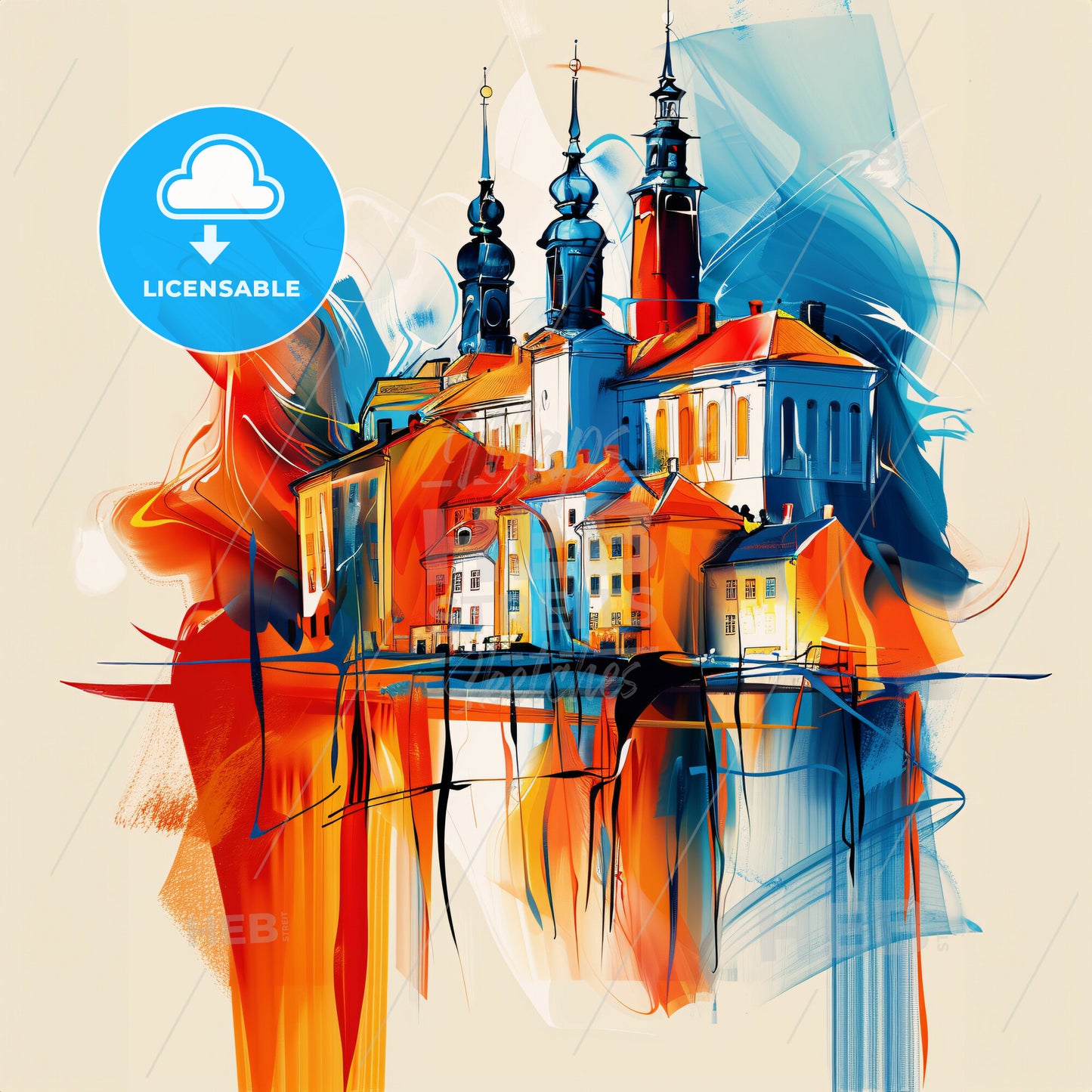 Vibrant Sundsvall, Sweden - A Painting Of A Building With Towers And Towers