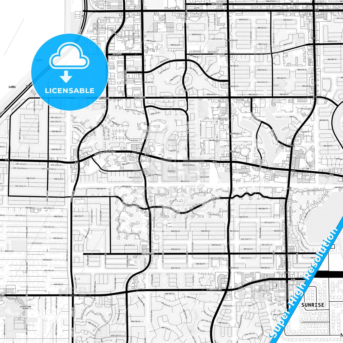 Sunrise, Florida Light Map with Street Names, City Names, and Districts