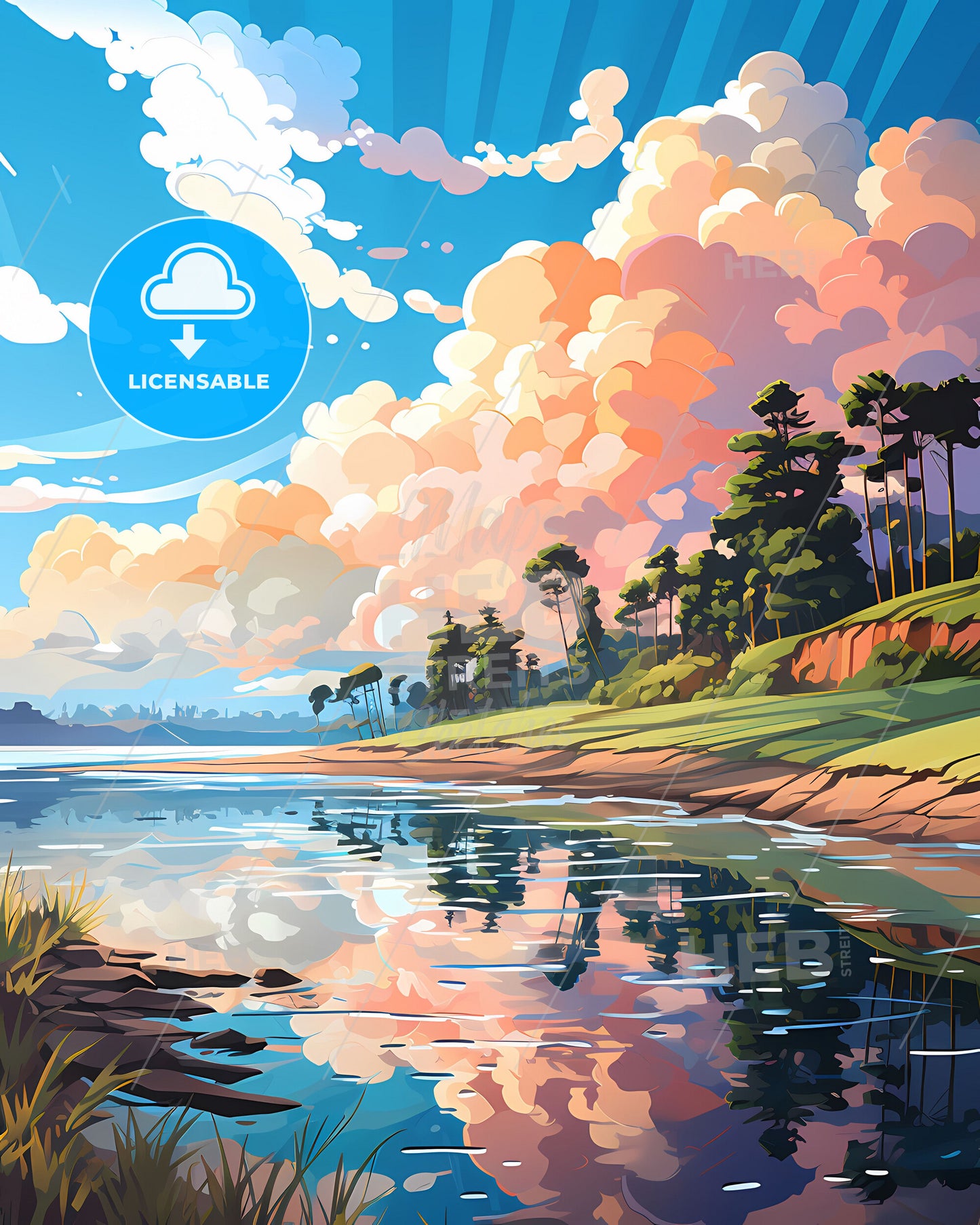 Expressive Abstract Landscape Painting of Lake, Trees, and Clouds on Sunshine Coast, Australia