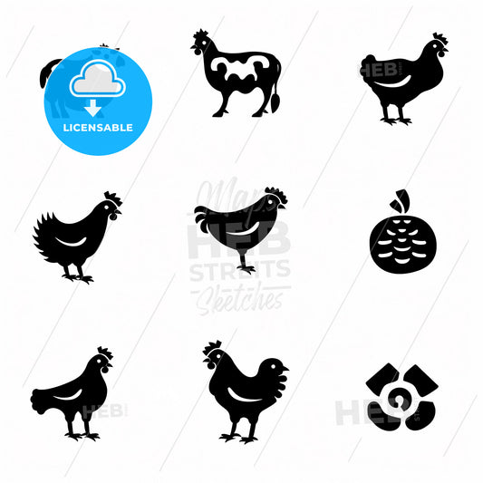 Modern minimalist geometry animal icons, set of black simplicity cow and chicken shapes isolated on white