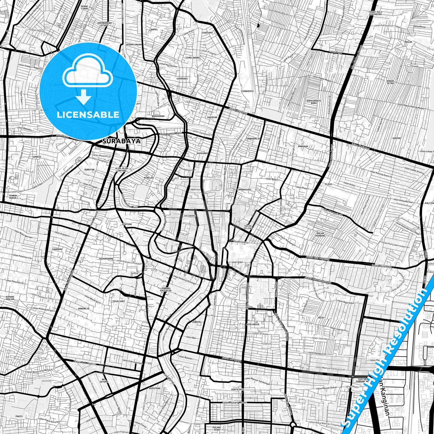 Surabaya, Indonesia Light Map with Street Names, City Names, and Districts