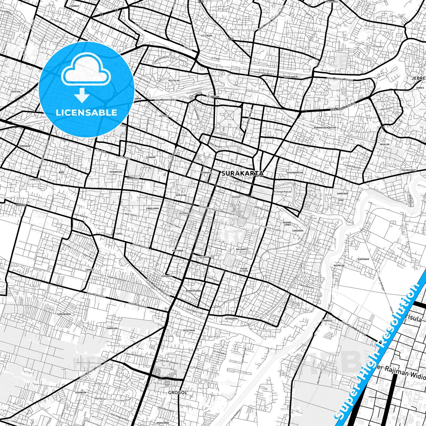 Surakarta, Indonesia Light Map with Street Names, City Names, and Districts