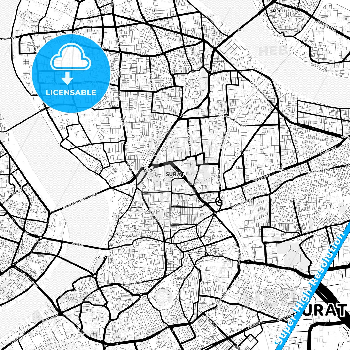 Surat, India Light Map with Street Names, City Names, and Districts