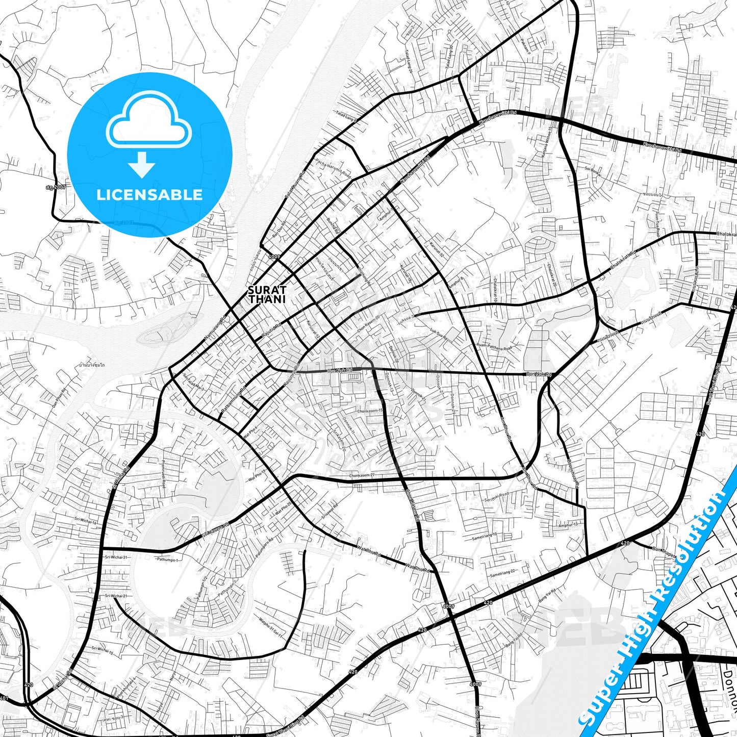 Surat Thani, Thailand Light Map with Street Names, City Names, and Districts