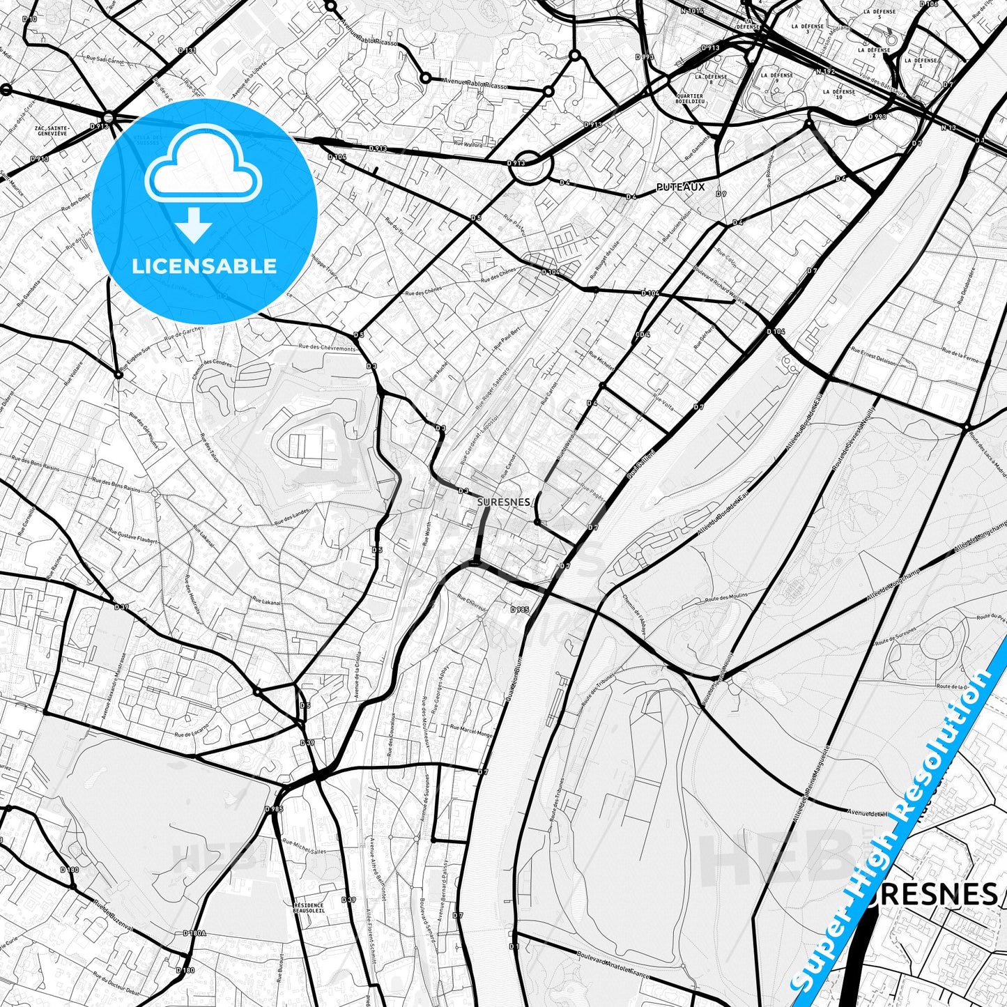 Suresnes, France Light Map with Street Names, City Names, and Districts