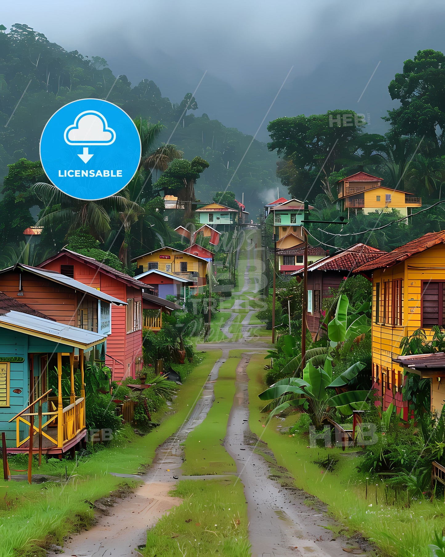 Vibrant Art: Colorful Suriname Houses on Dirt Road in South America