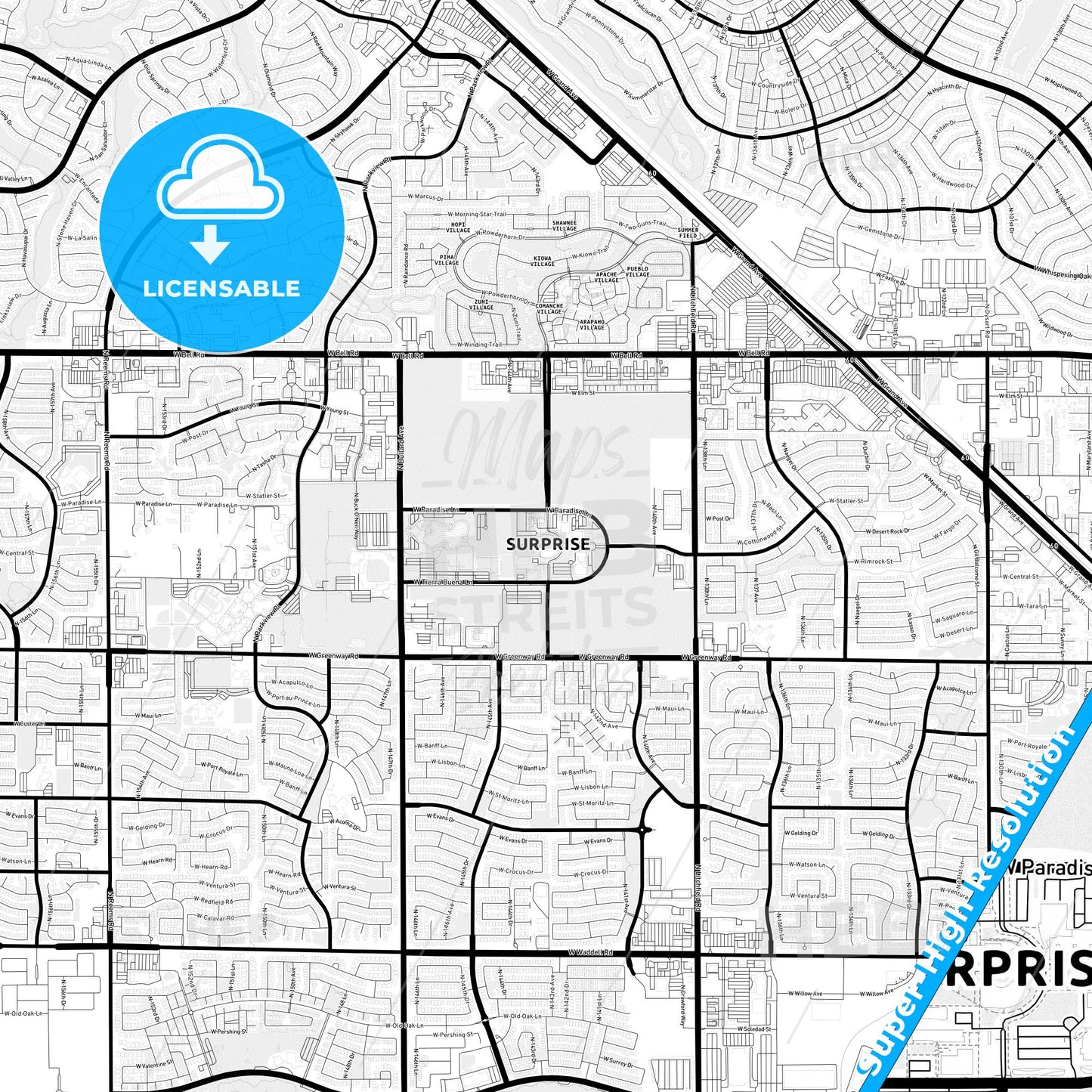 Surprise, Arizona Light Map with Street Names, City Names, and Districts