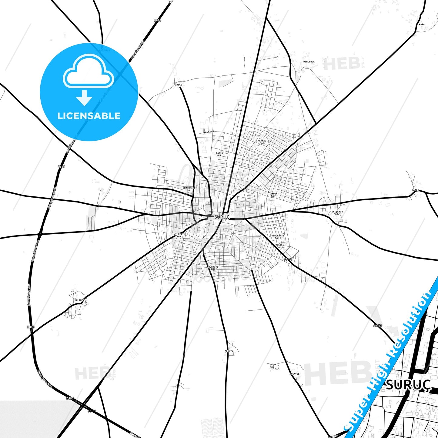 Suruç, Turkey Light Map with Street Names, City Names, and Districts