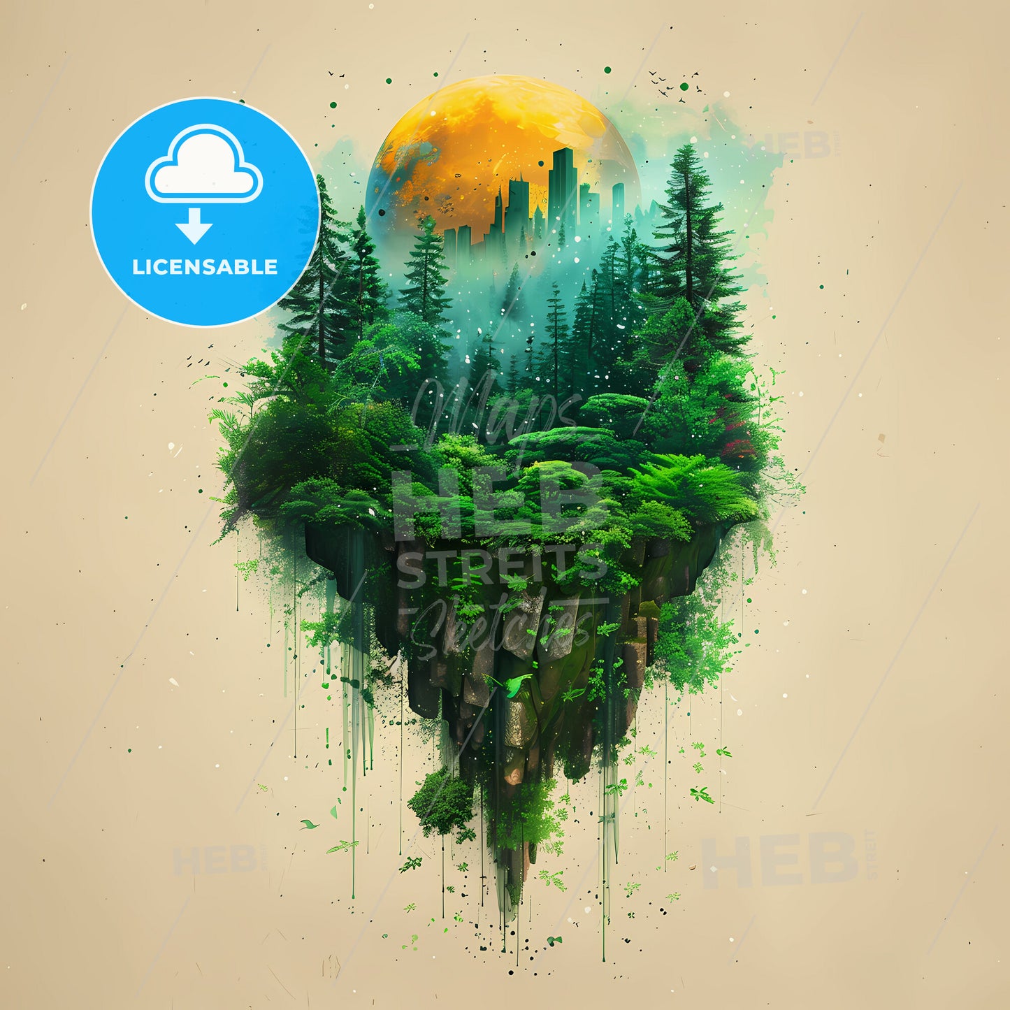 Sustainability Studies: Earth’s Echoes - A green island with trees and a yellow moon