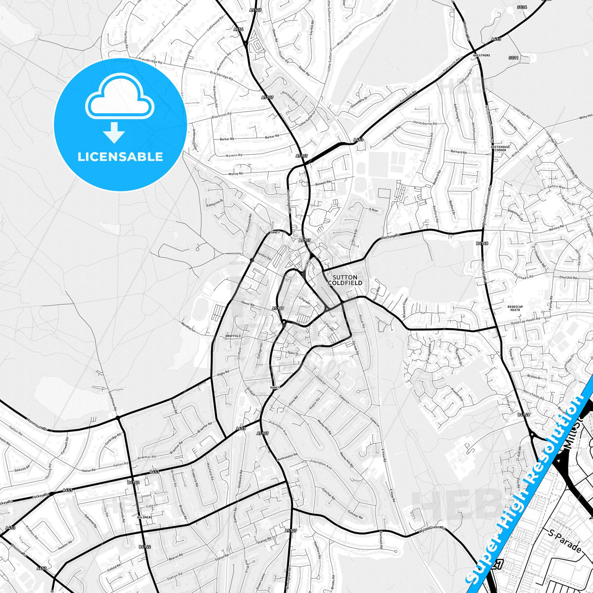 Sutton Coldfield, England Light Map with Street Names, City Names, and Districts
