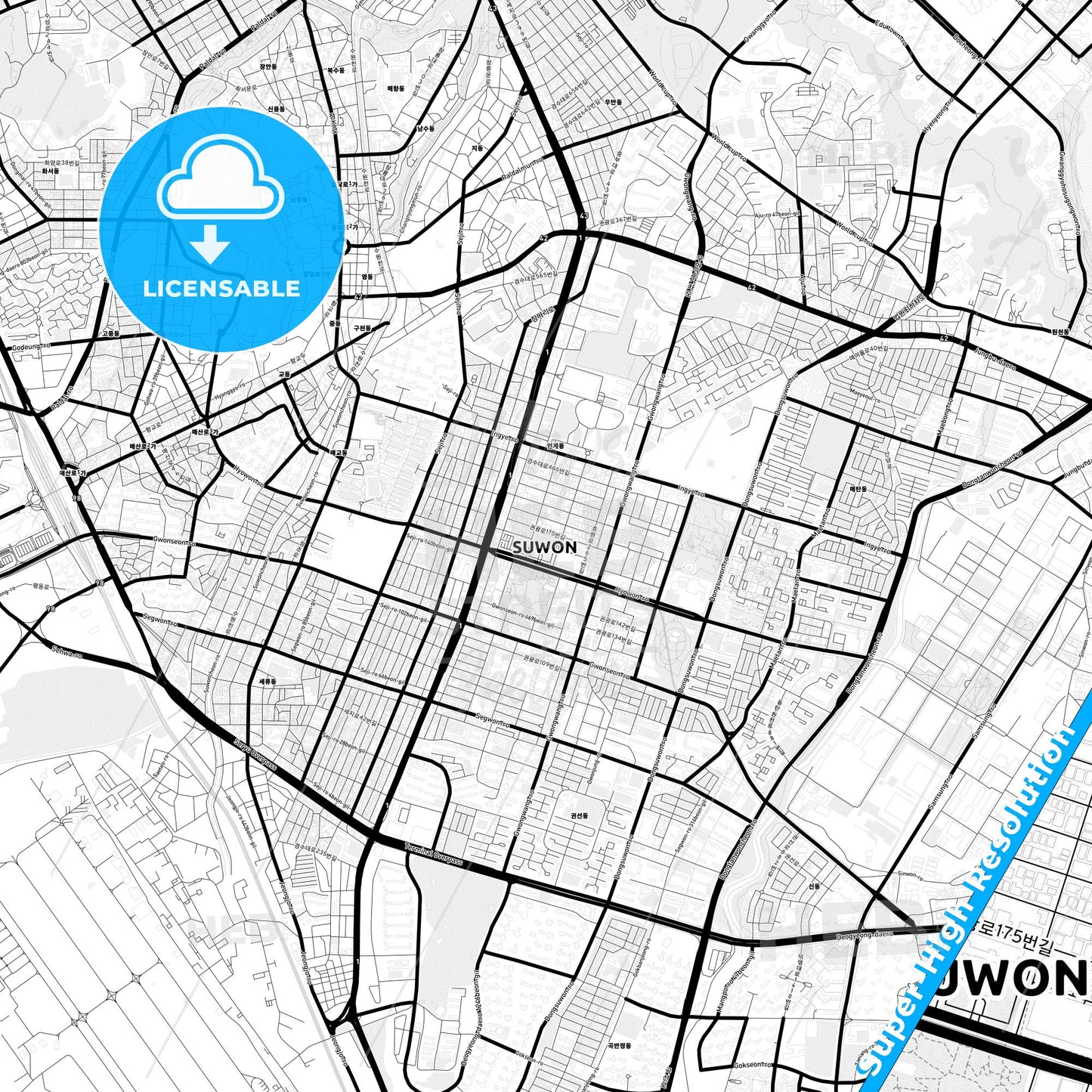 Suwon, South Korea Light Map with Street Names, City Names, and Districts