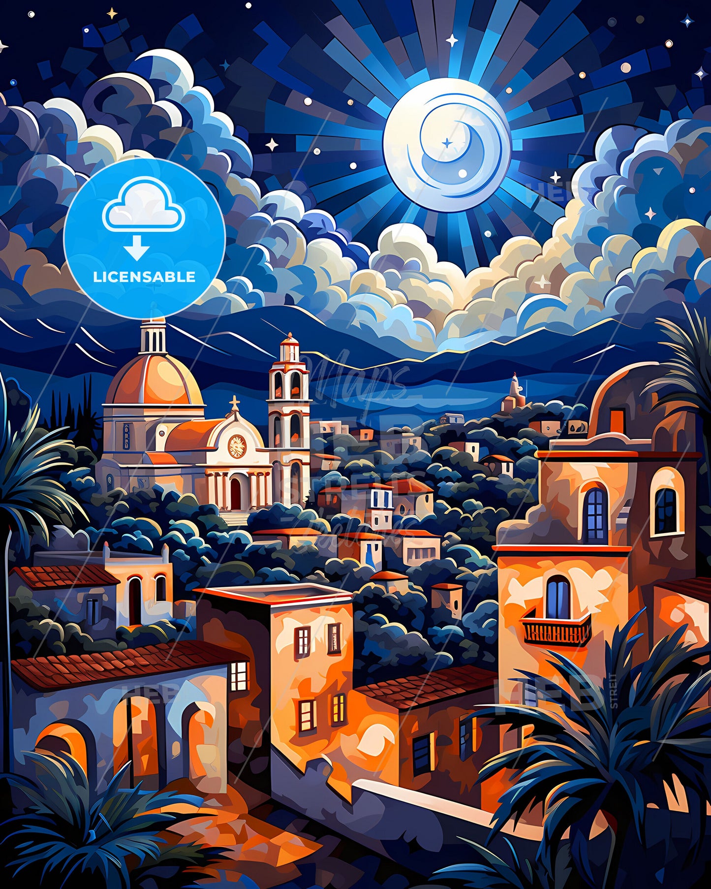 Vibrant City Painting: Suzano, Brazil Skyline with Church and Palm Trees