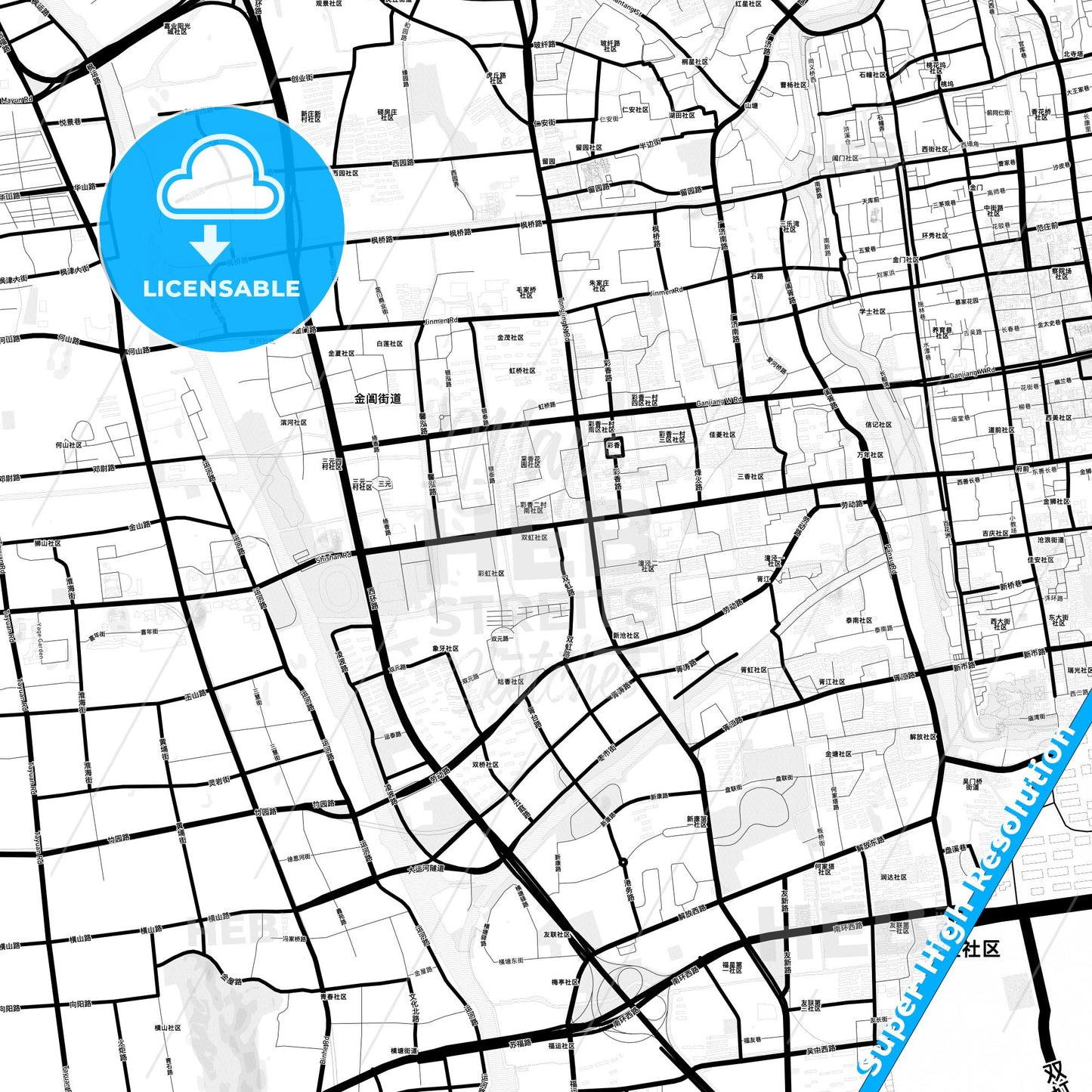 Suzhou, China Light Map with Street Names, City Names, and Districts