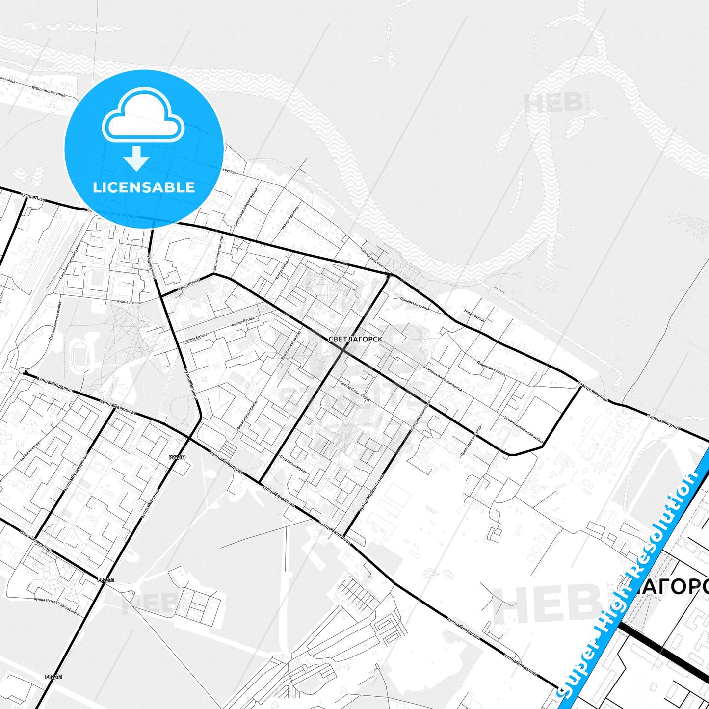 Svietlahorsk, Belarus Light Map with Street Names, City Names, and Districts