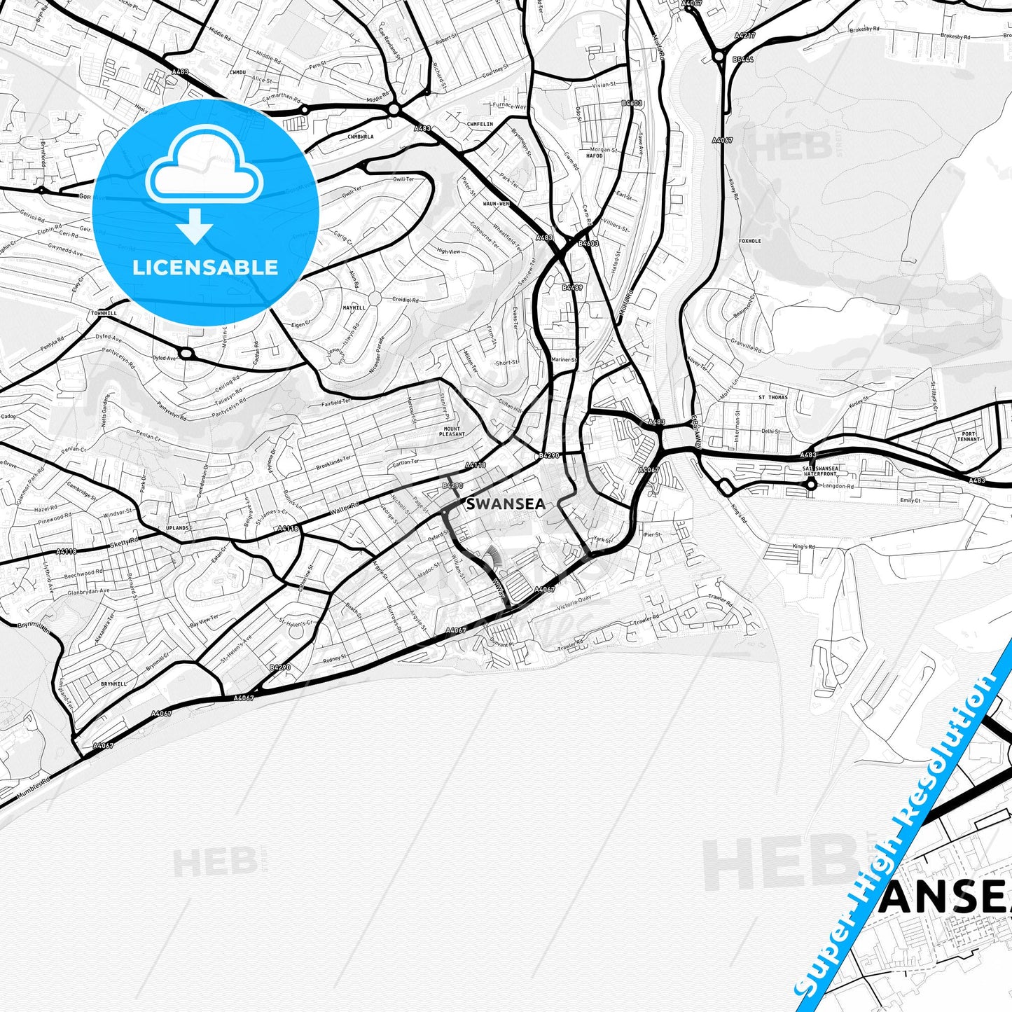 Swansea, Wales Light Map with Street Names, City Names, and Districts