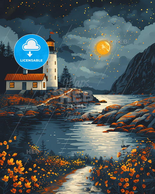 Vibrant Painting of Swedish Lighthouse by River, Depicting European Scenery, Art Focus