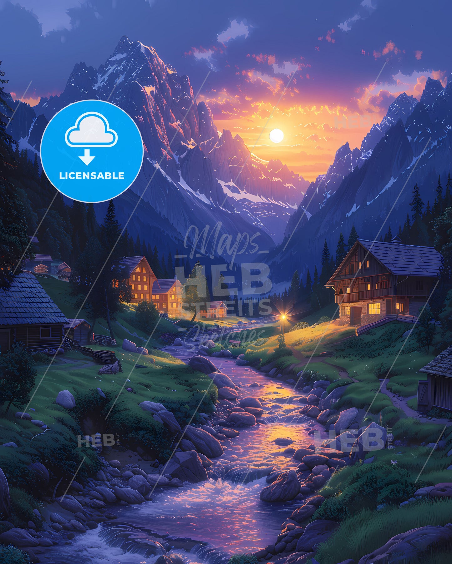 Artistic Mountain Landscape Painting: Swiss Alps with River and Houses, Europe